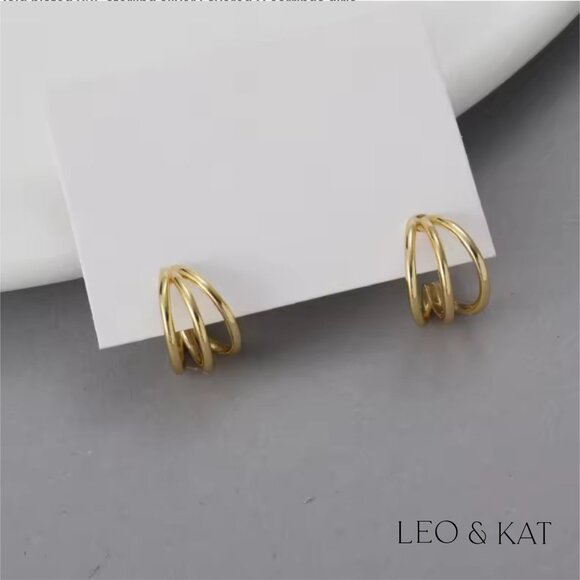 Gold Triple Loop Stud Earrings. 925 Sterling Silver. #1048 - Picture 3 of 5
